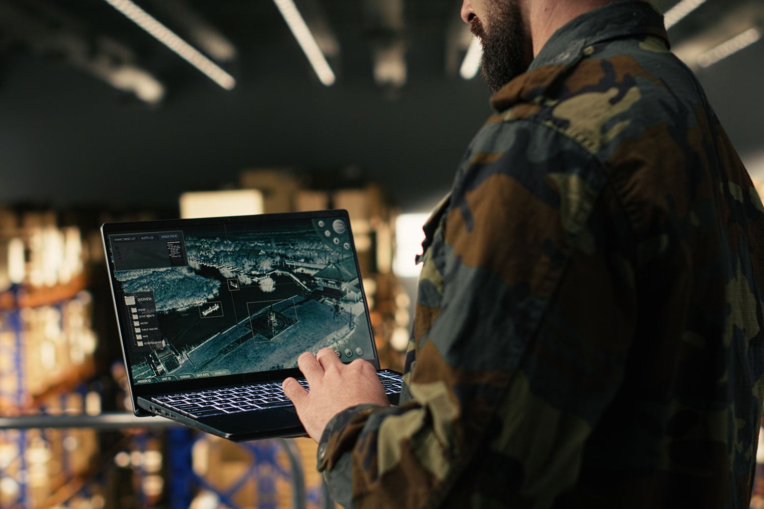 Military soldier ensuring surveillance in secure warehouse.